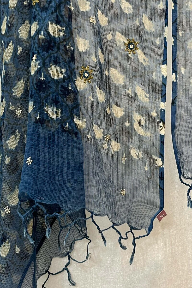 Blue Embroidered Kota Dupatta - Image 4