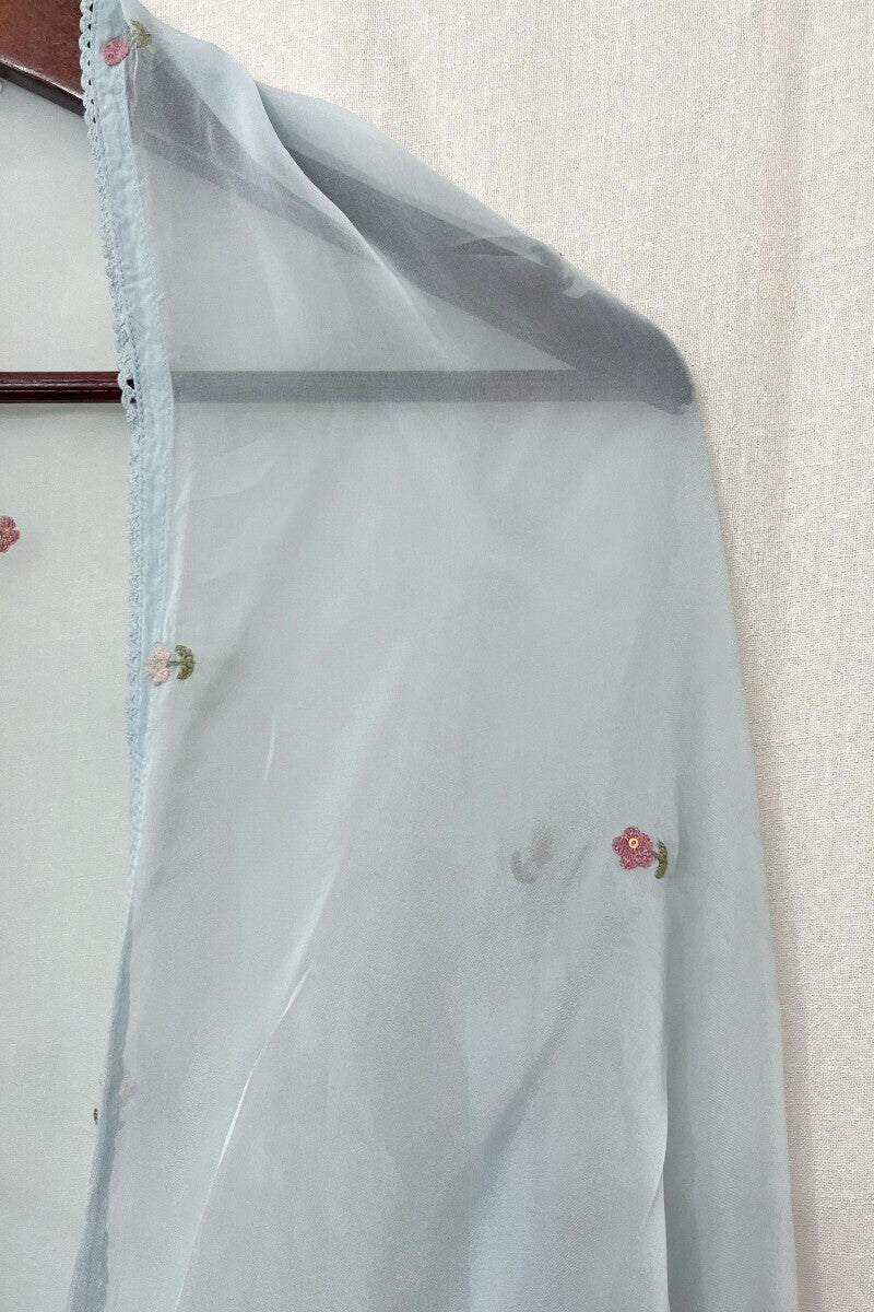 Blue Plain Embroidered Dupatta - Image 2