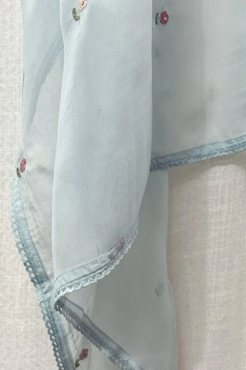 Blue Plain Embroidered Dupatta - Image 4