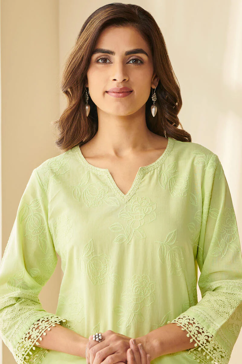 Falak Suhana Lime Green Schiffli Kurta
