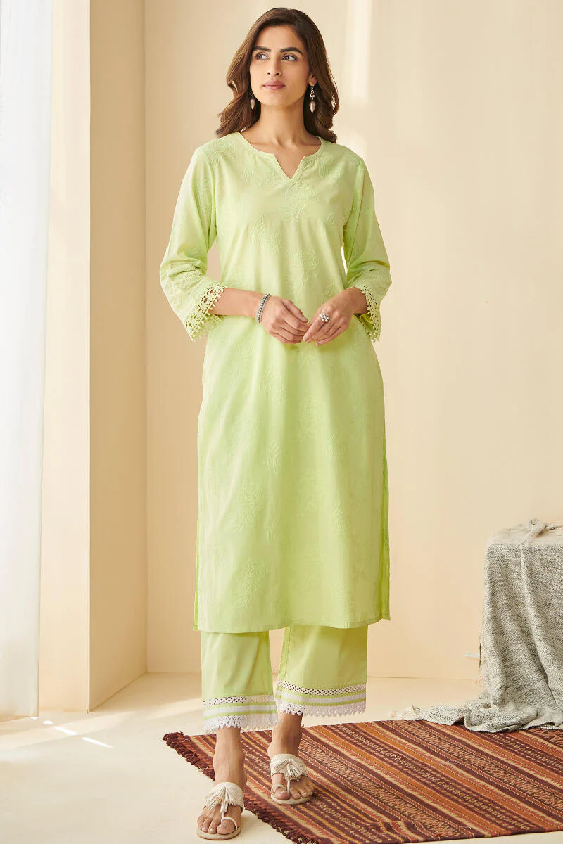 Falak Suhana Lime Green Schiffli Kurta - Image 2