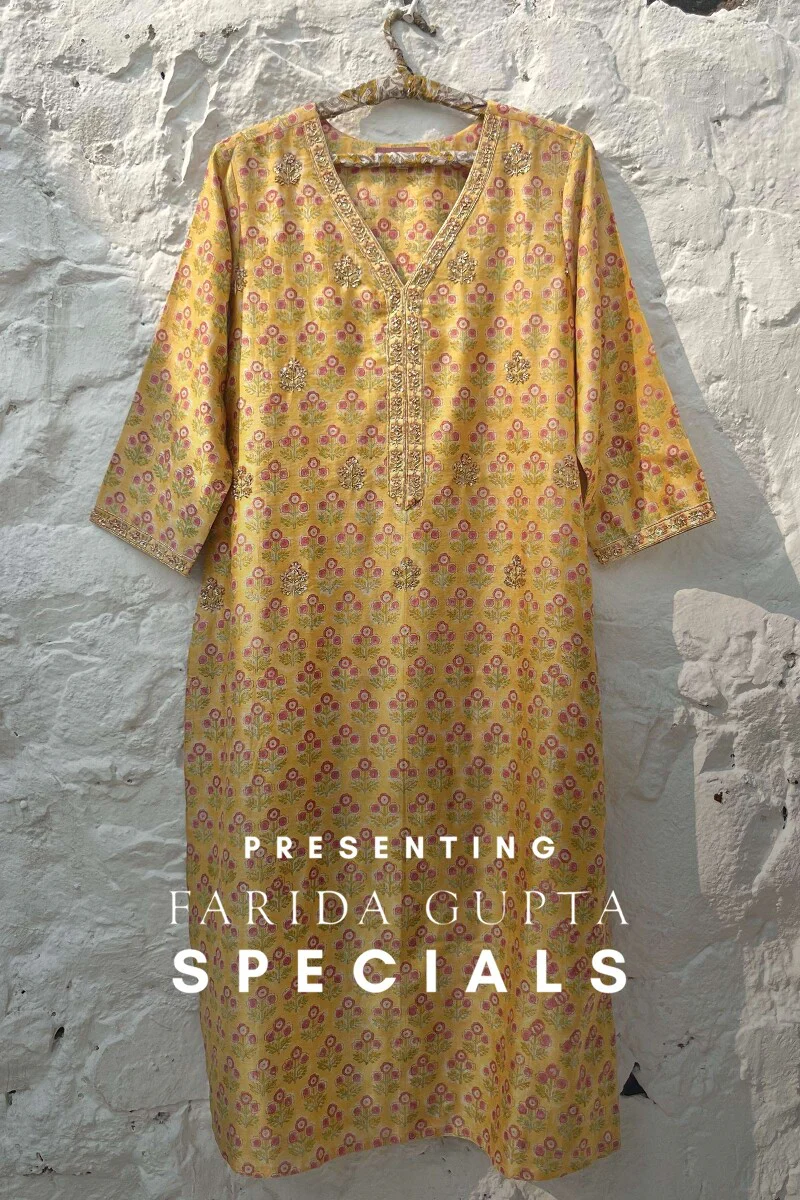 FG Specials: 1 of 1- Yellow Hand Block-Printed Chanderi Kurta Set- Medium Size