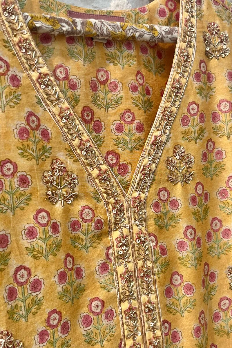 FG Specials: 1 of 1- Yellow Hand Block-Printed Chanderi Kurta Set- Medium Size - Image 3