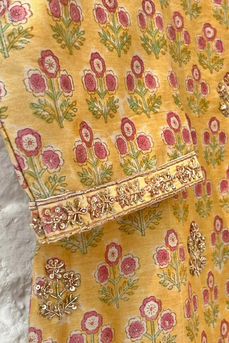 FG Specials: 1 of 1- Yellow Hand Block-Printed Chanderi Kurta Set- Medium Size - Image 5