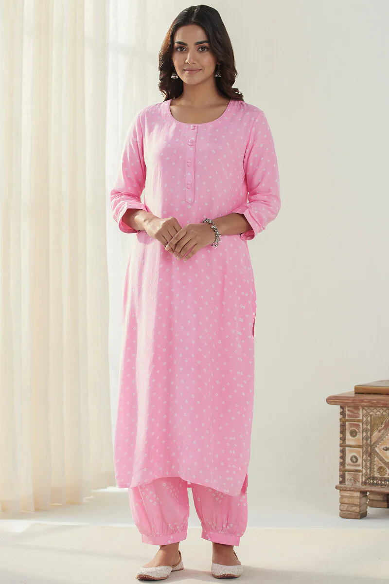 Gauhar Afroza Pink Bandhej Kurta - Image 2