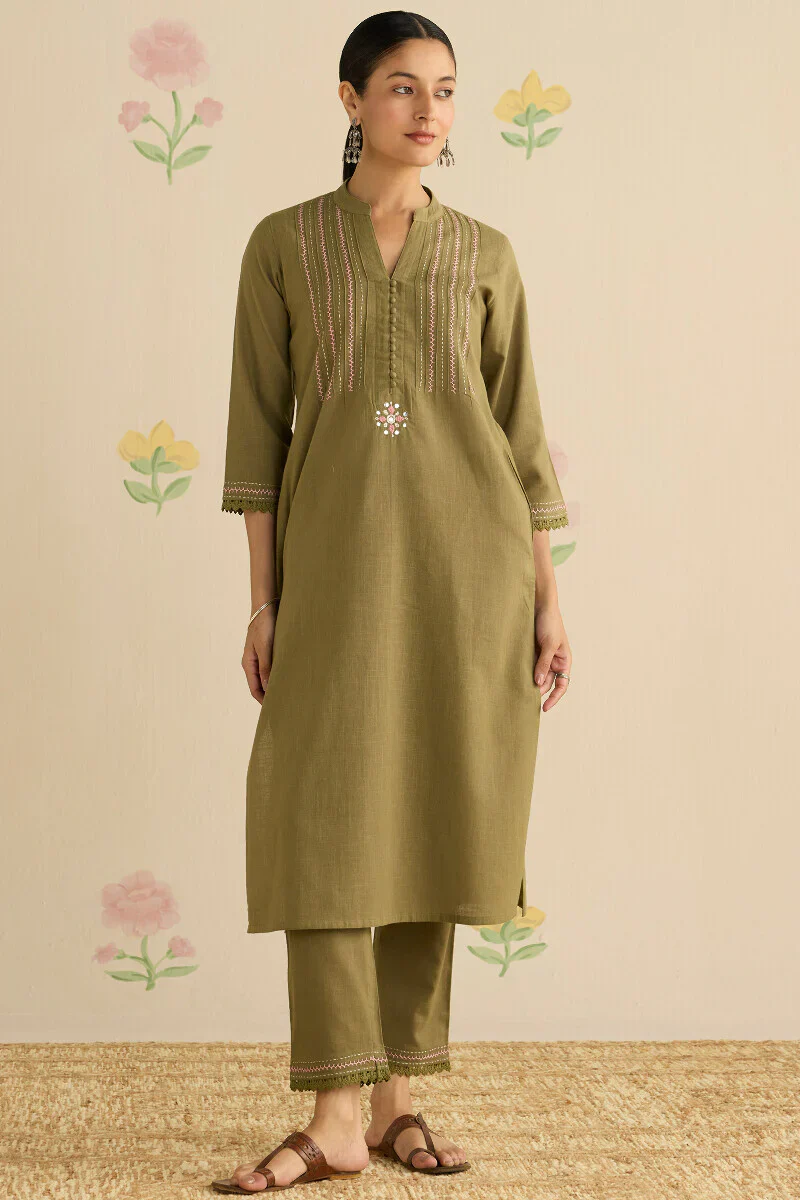 Surplus: Kashida Kiara Olive Green Kurta - Image 2