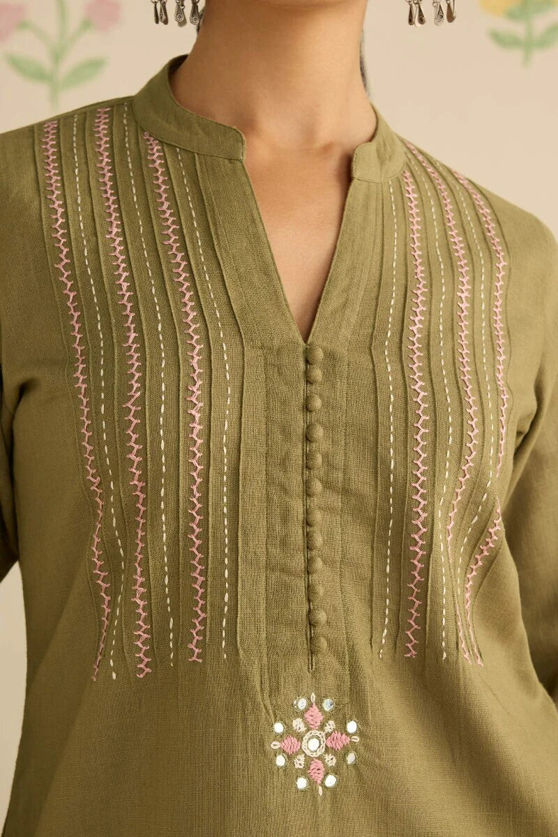 Surplus: Kashida Kiara Olive Green Kurta - Image 5