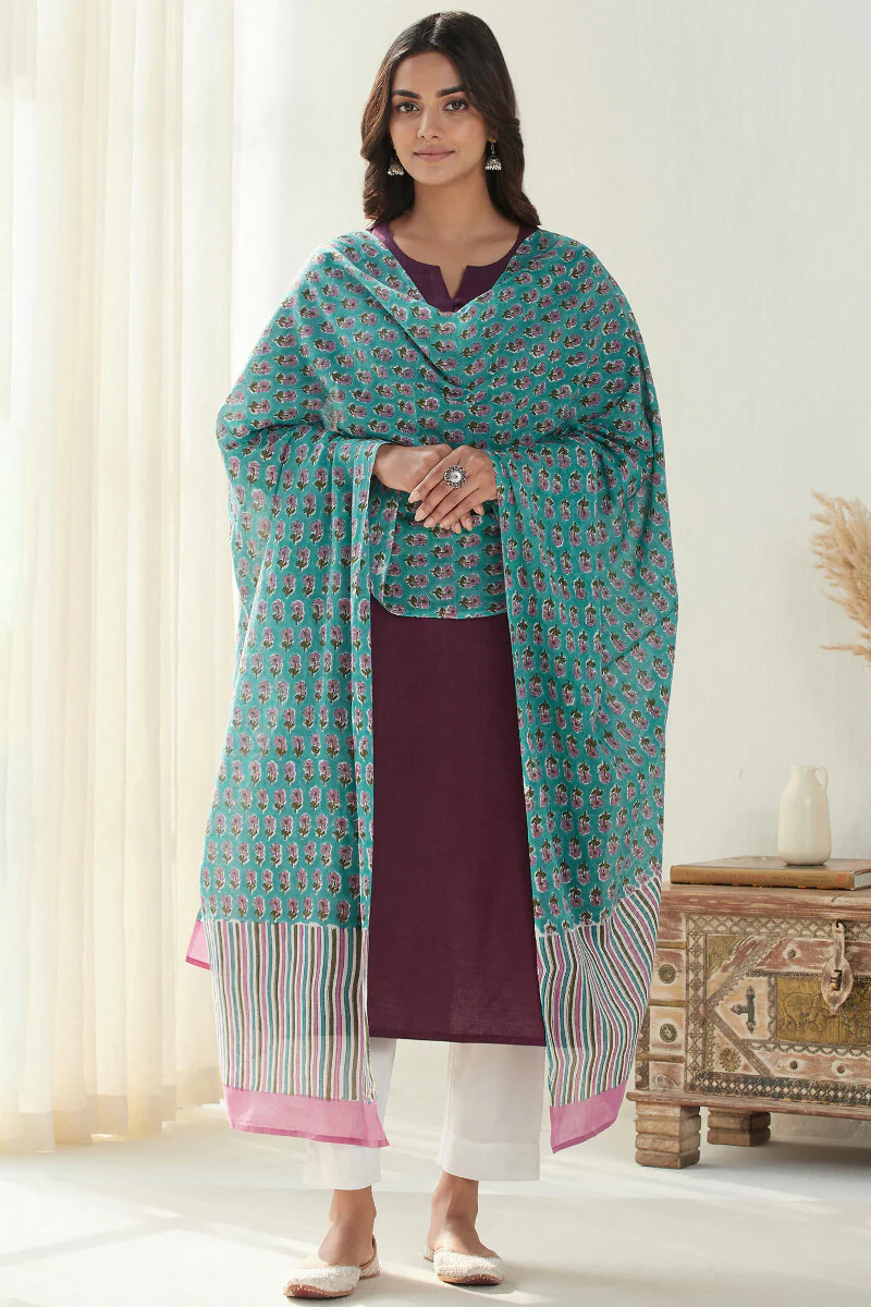 Naadirah Zoya Turquoise Sanganeri Dupatta - Image 3