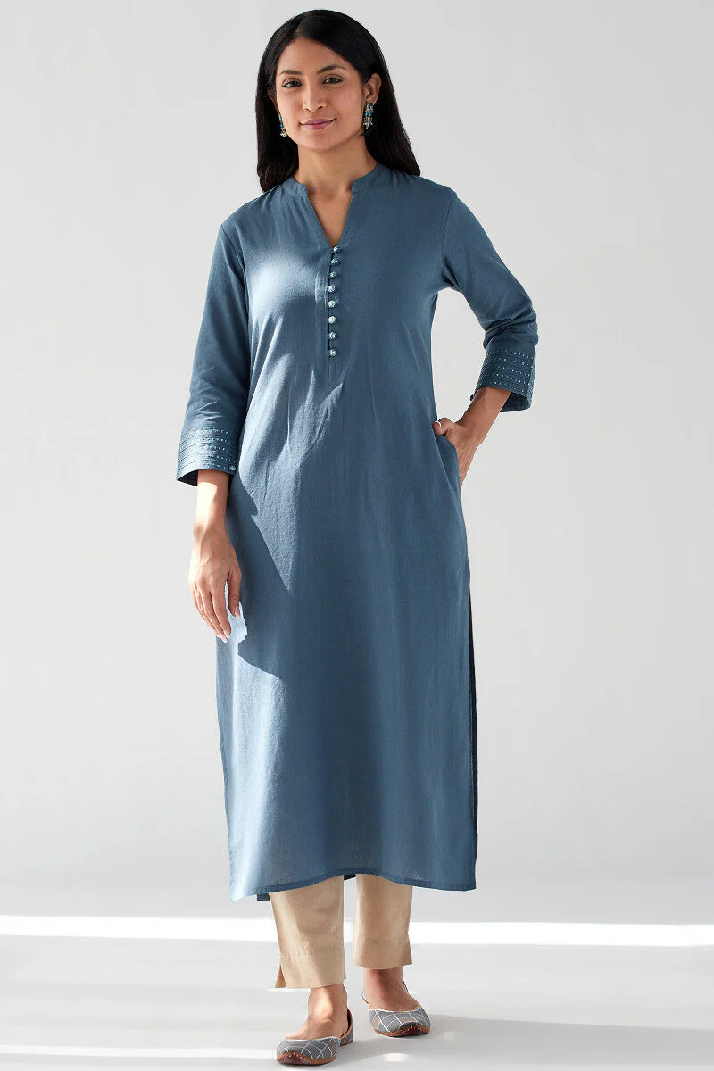 Nasrine Rehmat Denim Blue Handloom Kurta - Image 2