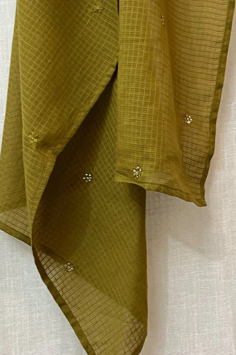 Olive Green Embroidered Kota Dupatta - Image 4