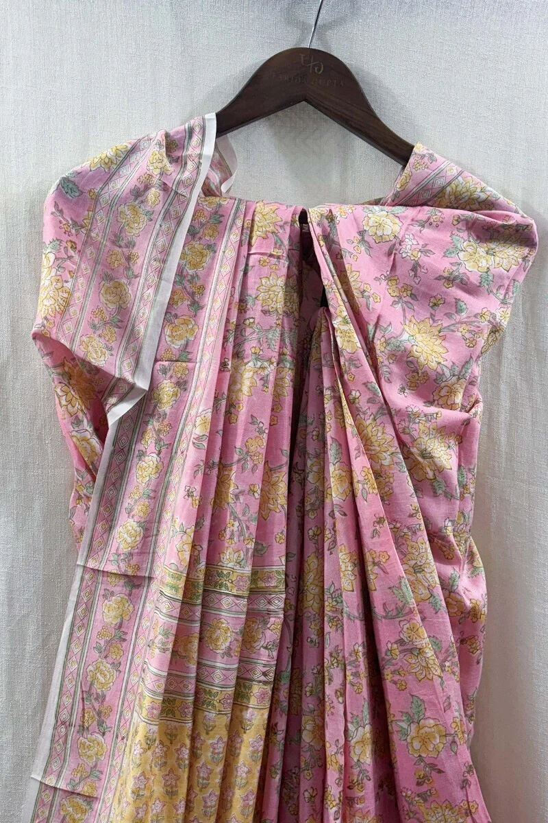 Pink Hand Block-Printed Saree - Image 2