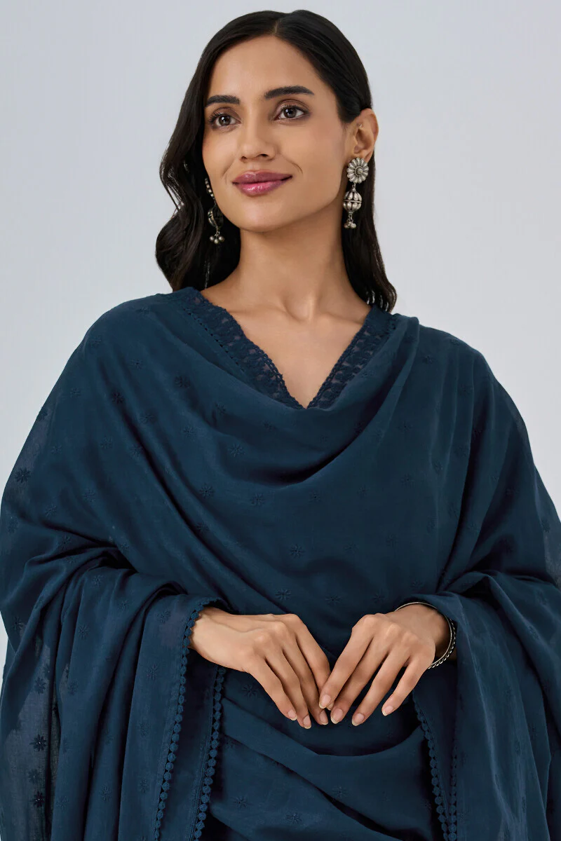 Roza Aafiyah Navy Blue Schiffli Dupatta
