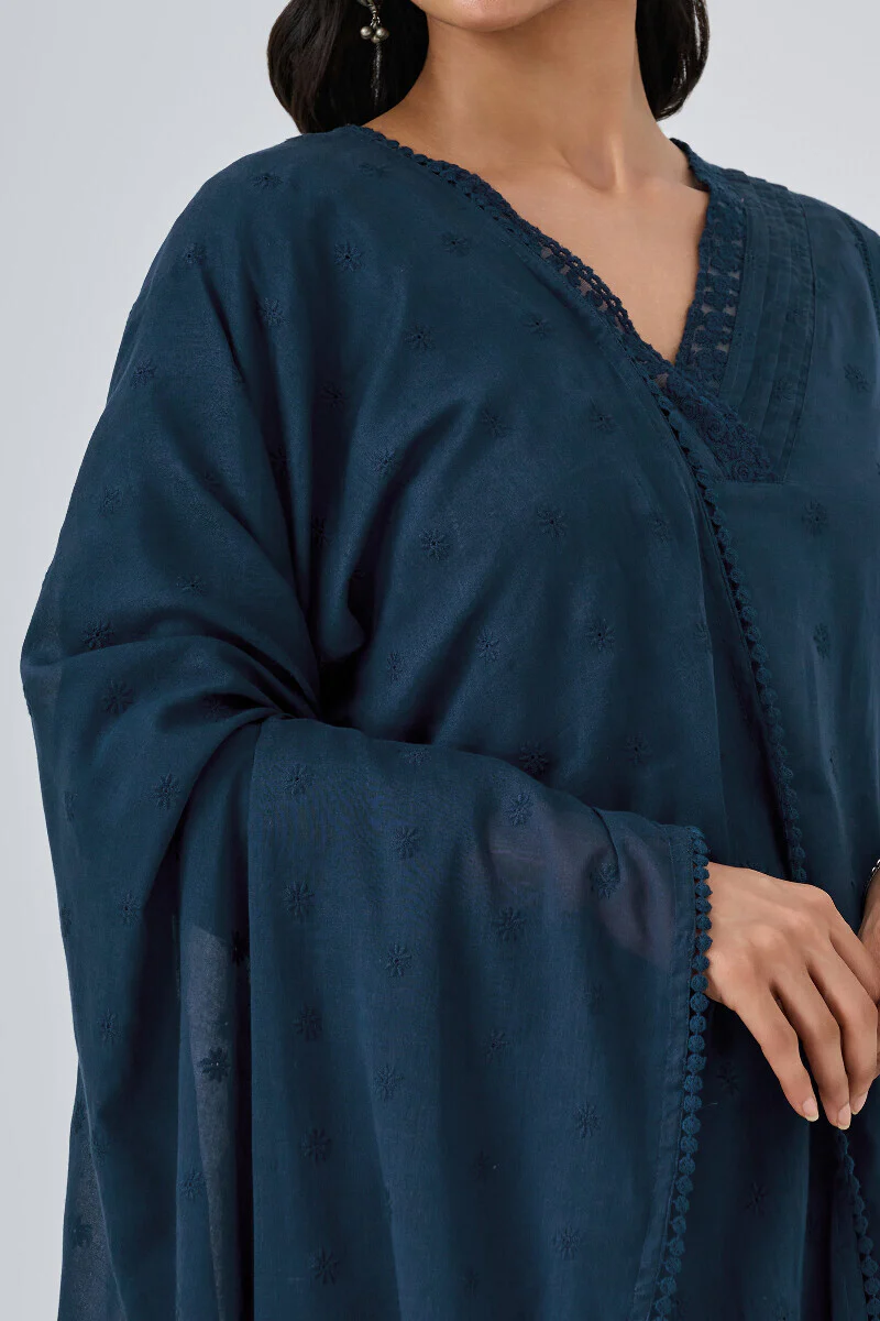 Roza Aafiyah Navy Blue Schiffli Dupatta - Image 2