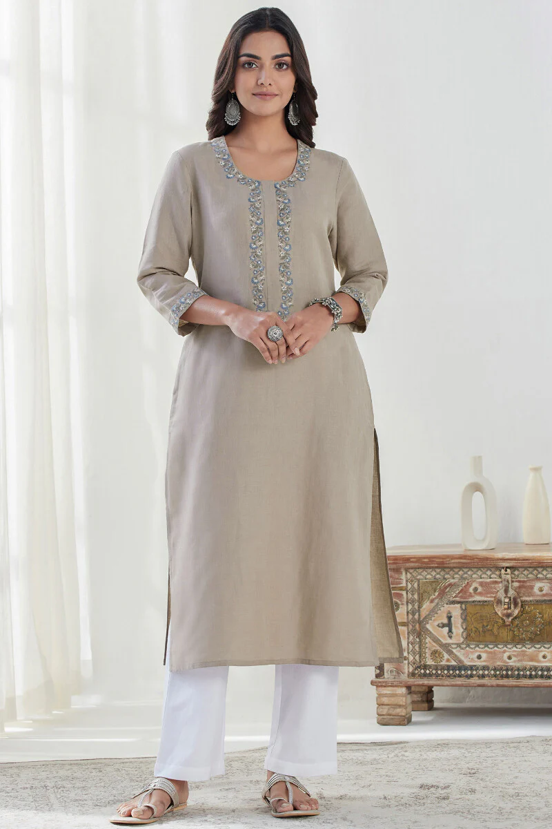 Roza Saira Beige Cotton Linen Kurta - Image 3
