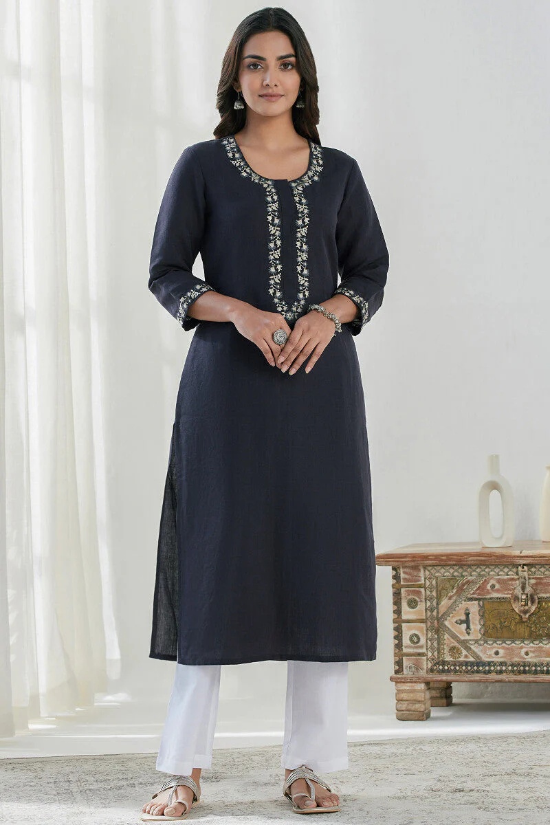 Roza Saira Blue Cotton Linen Kurta - Image 2