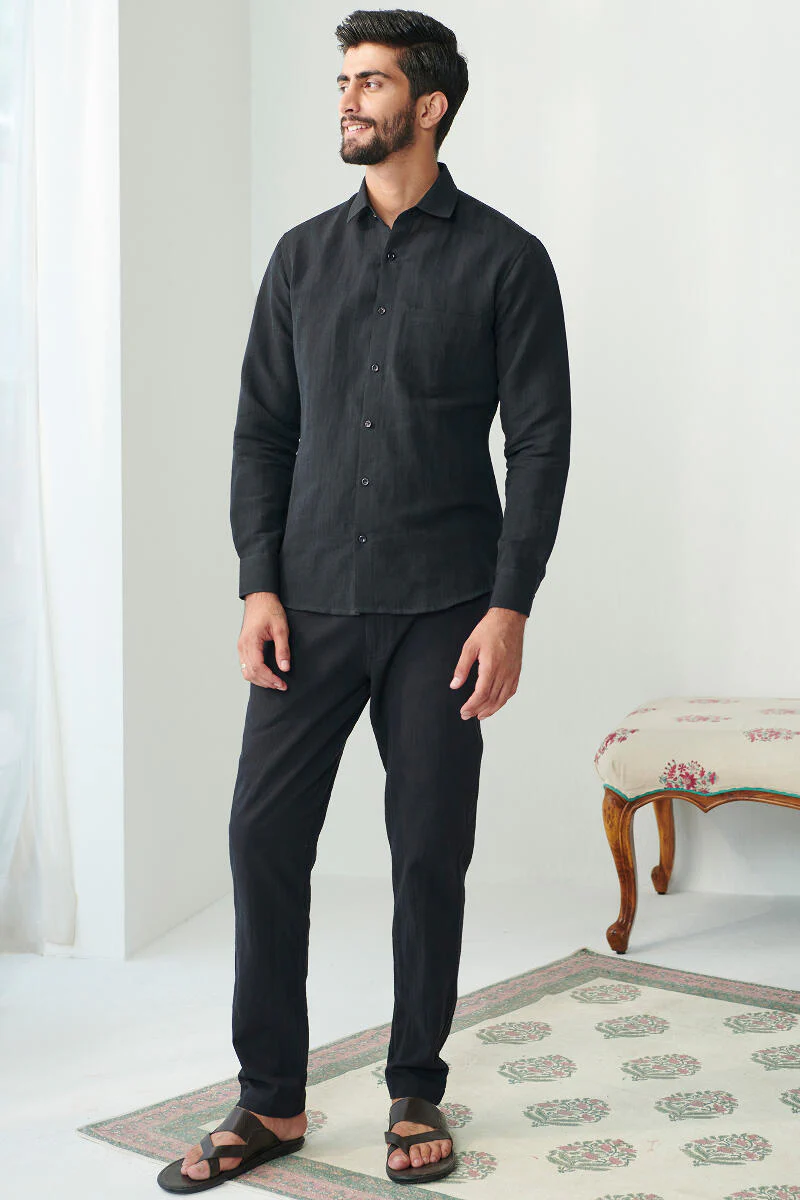 Zaid Black Cotton Linen Shirt - Image 2