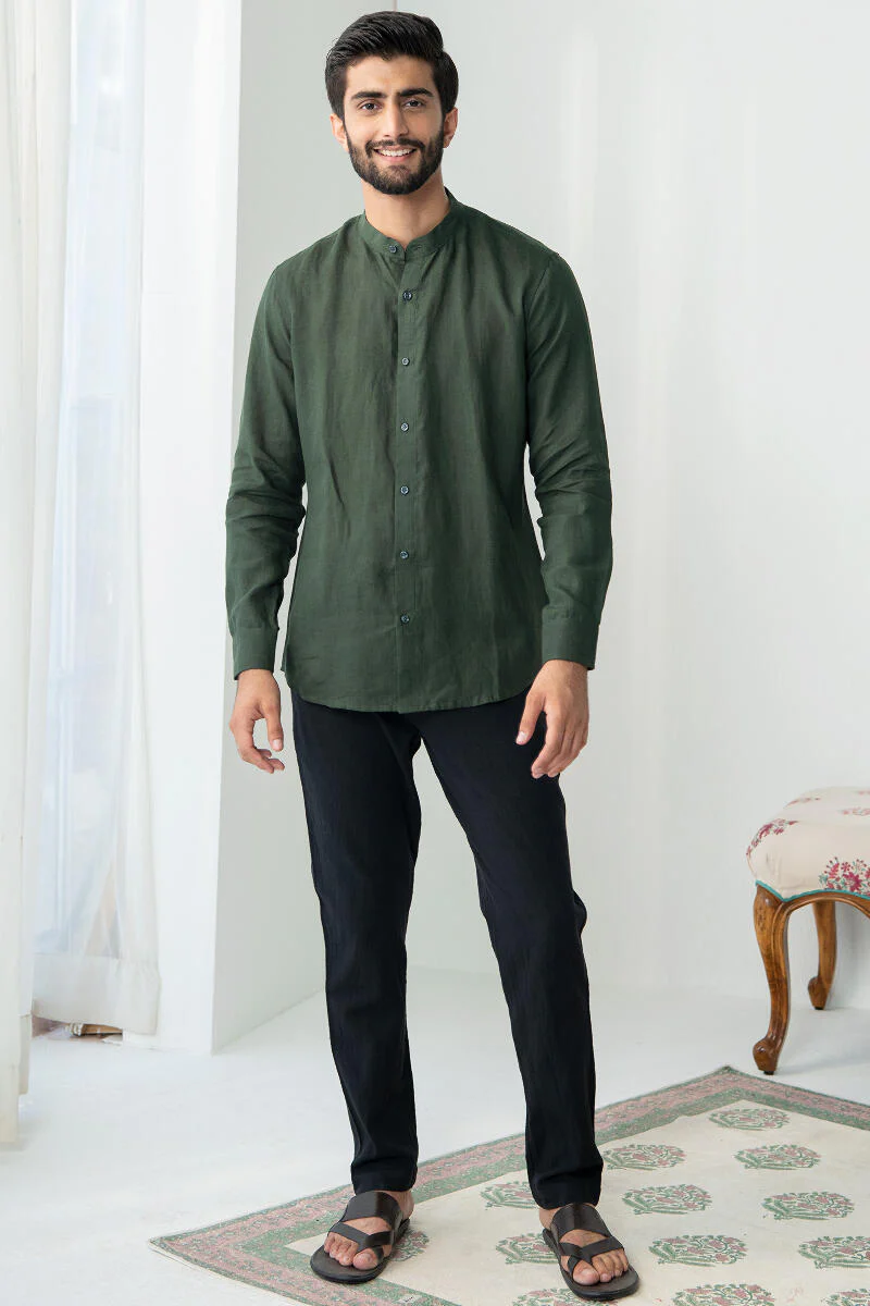 Zaid Dark Green Linen Shirt - Image 3