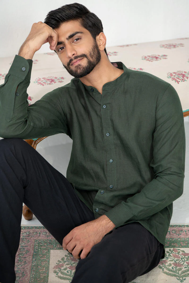 Zaid Dark Green Linen Shirt - Image 5