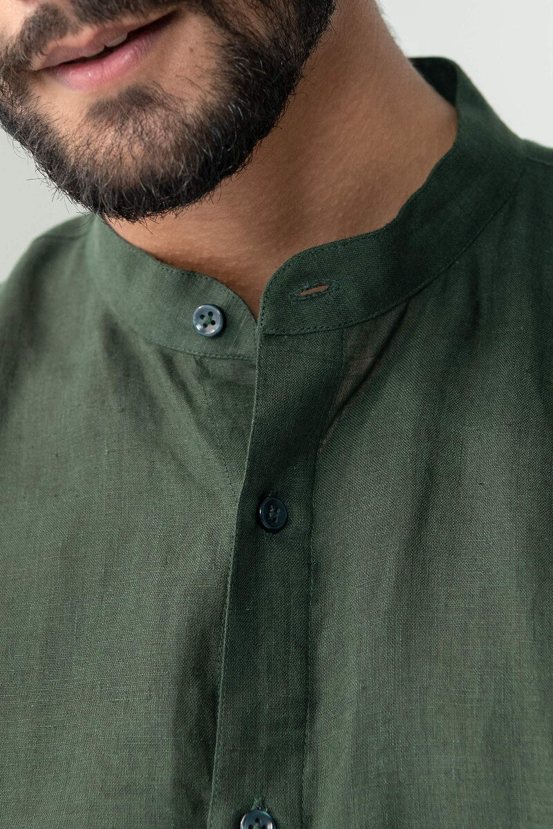 Zaid Dark Green Linen Shirt - Image 2
