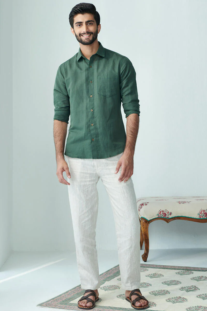 Zaid Green Cotton Linen Shirt - Image 2