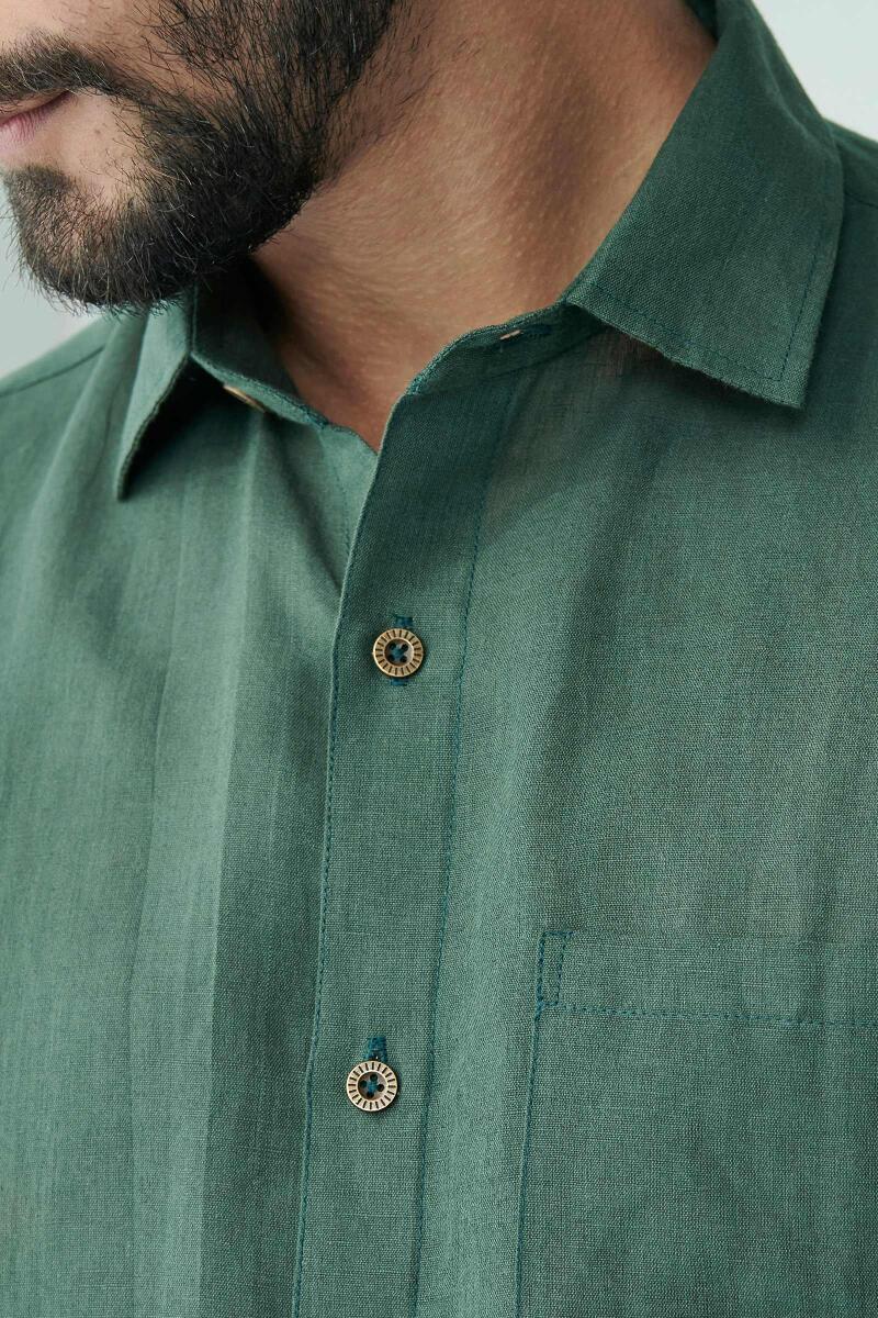 Zaid Green Cotton Linen Shirt - Image 3