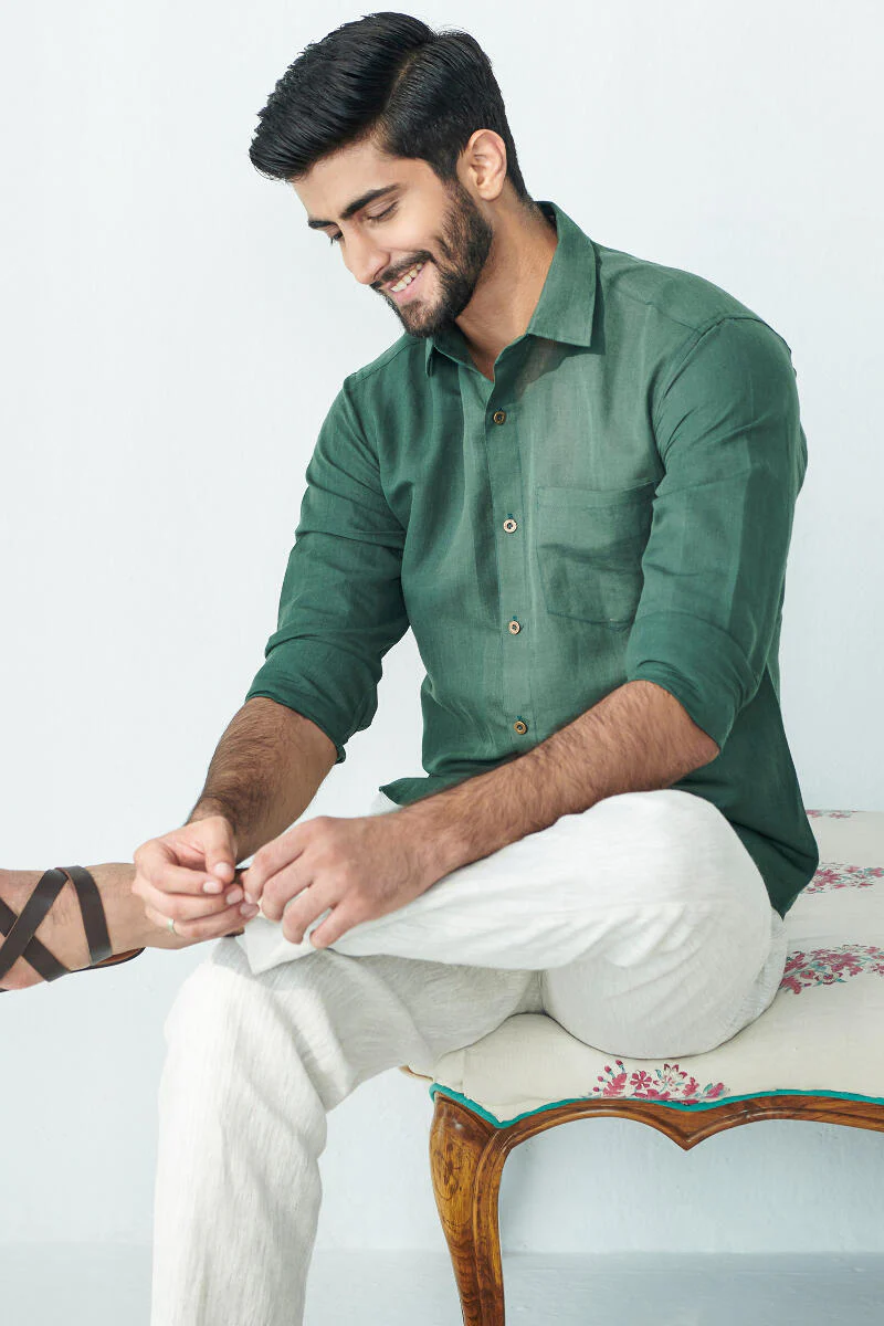 Zaid Green Cotton Linen Shirt - Image 5