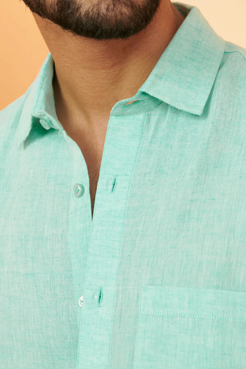Zaid Turquoise Cotton Linen Shirt - Image 2