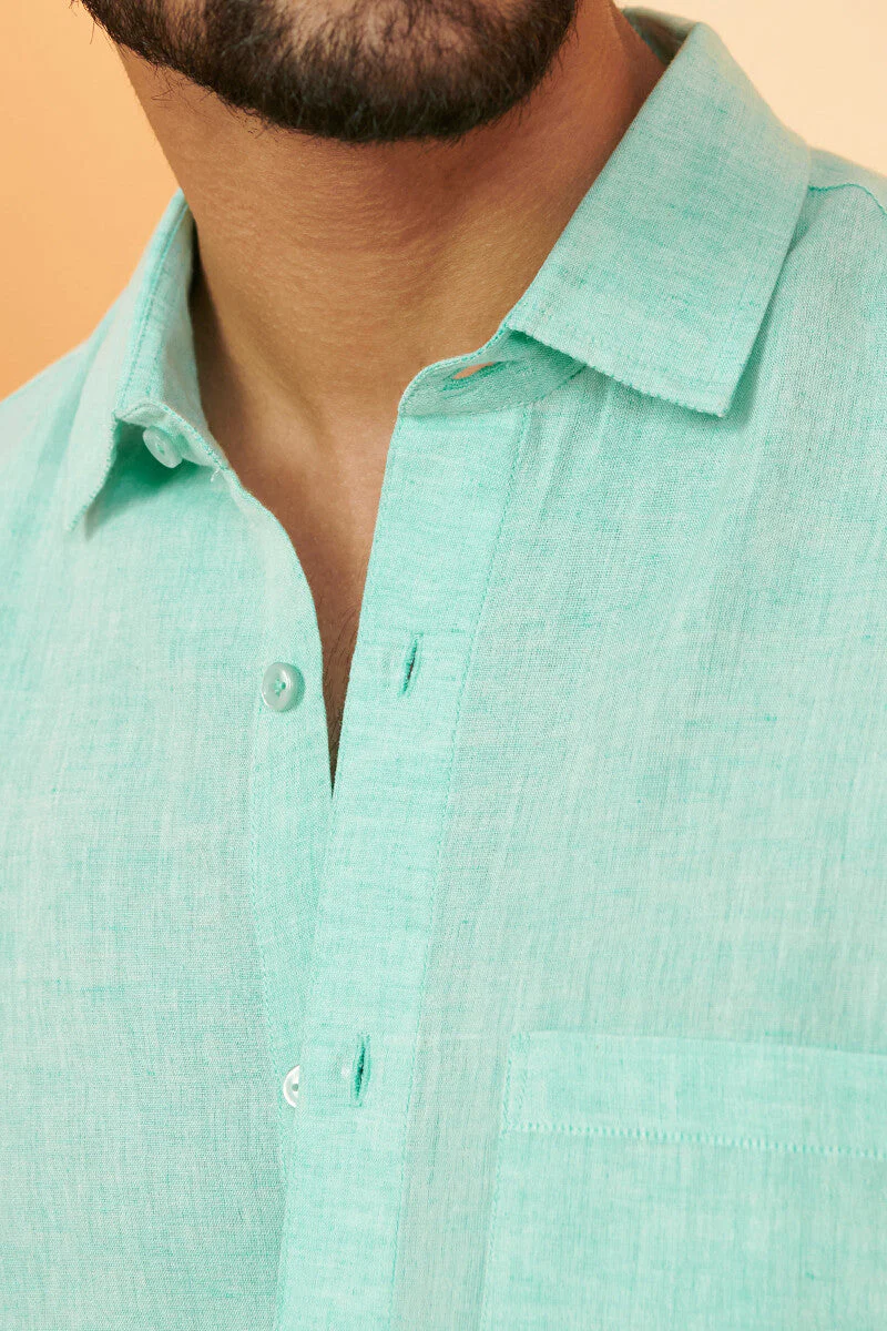 Zaid Turquoise Cotton Linen Shirt - Image 2