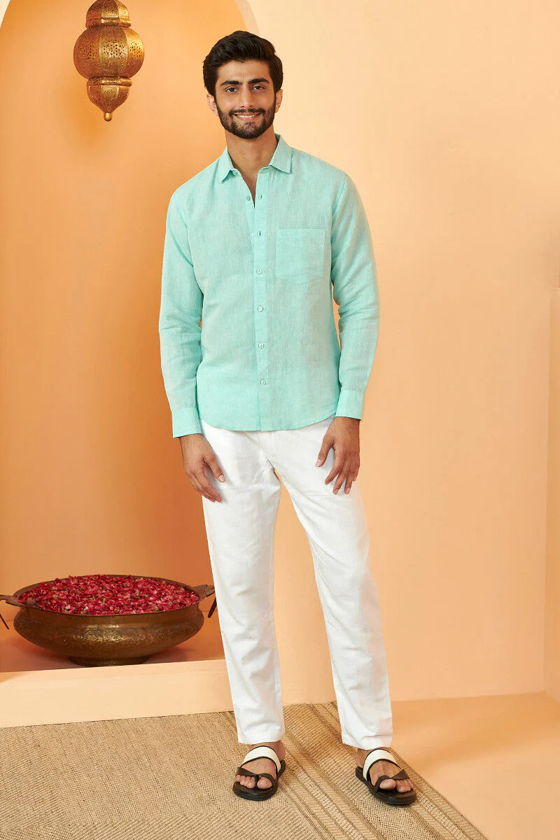 Zaid Turquoise Cotton Linen Shirt - Image 3